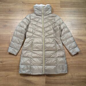 Michael Kors Packable Down Fill Puffer Jacket Women's Large Beige Mid-Length